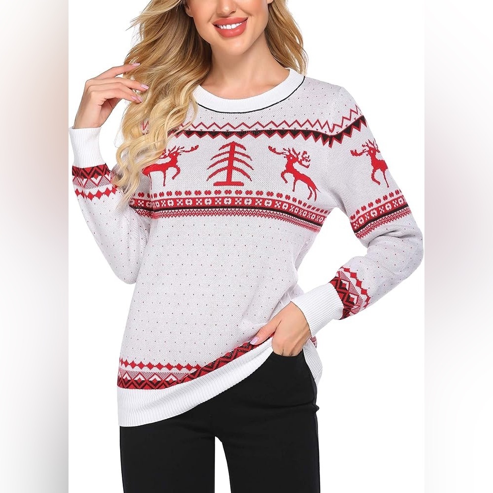 NEW Meaneor Christmas Reindeer Fair Isle Knit Sweater White Red Black Size L